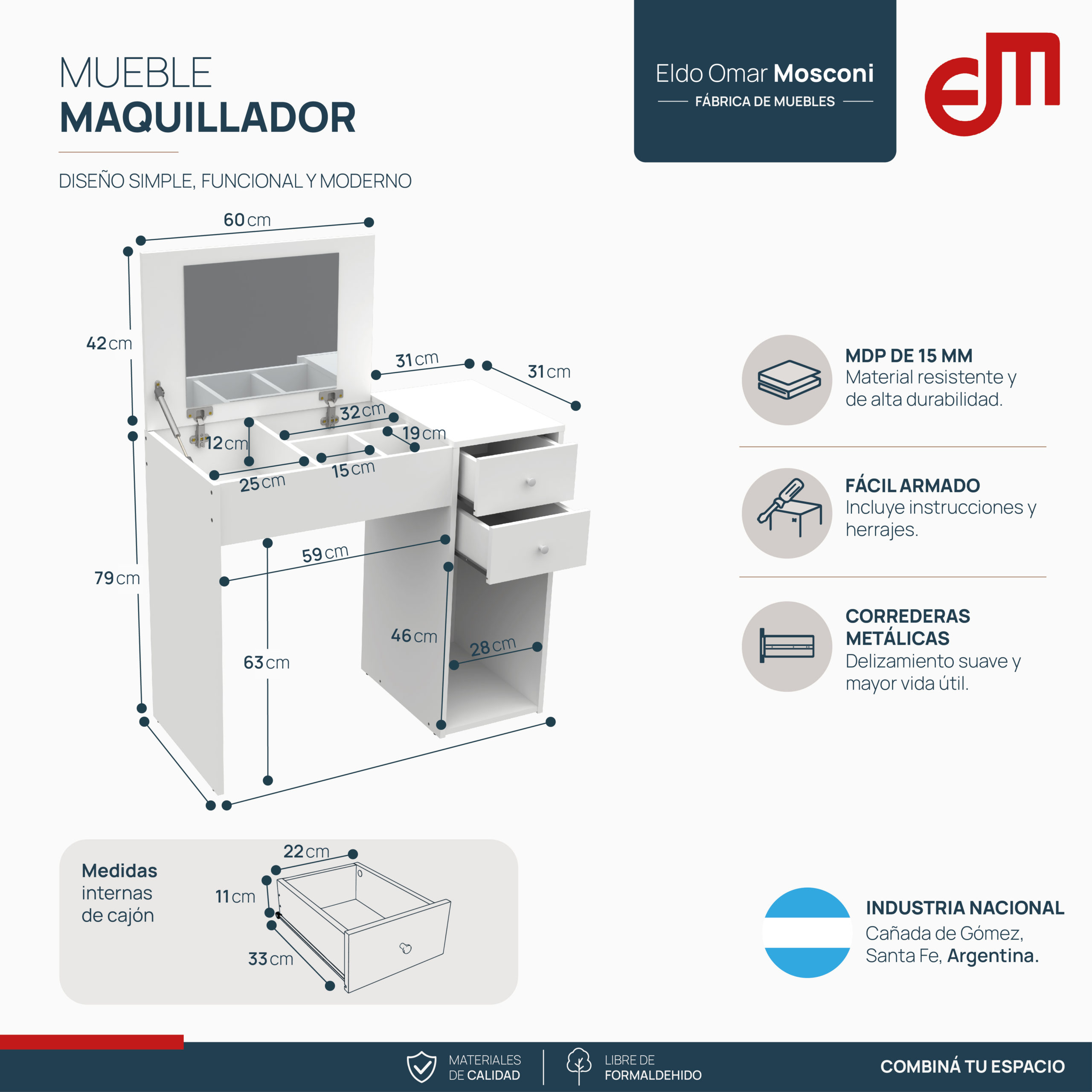 Mueble Tocador de Maquillaje con Espejo - Imagen 8